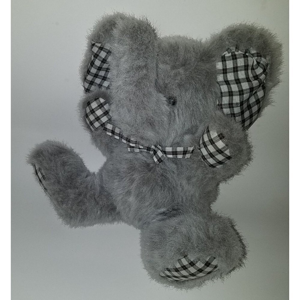 Gray Elephant Plush 12" Stuffed Animal Toy Lovey Black Brown White Plaid Bow